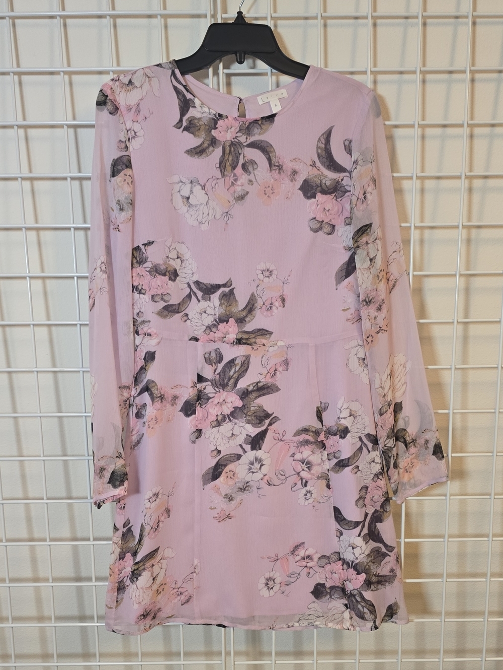 Leith Pink And Gray Floral Long-Sleeve Chiffon Dress Size  Medium NWT